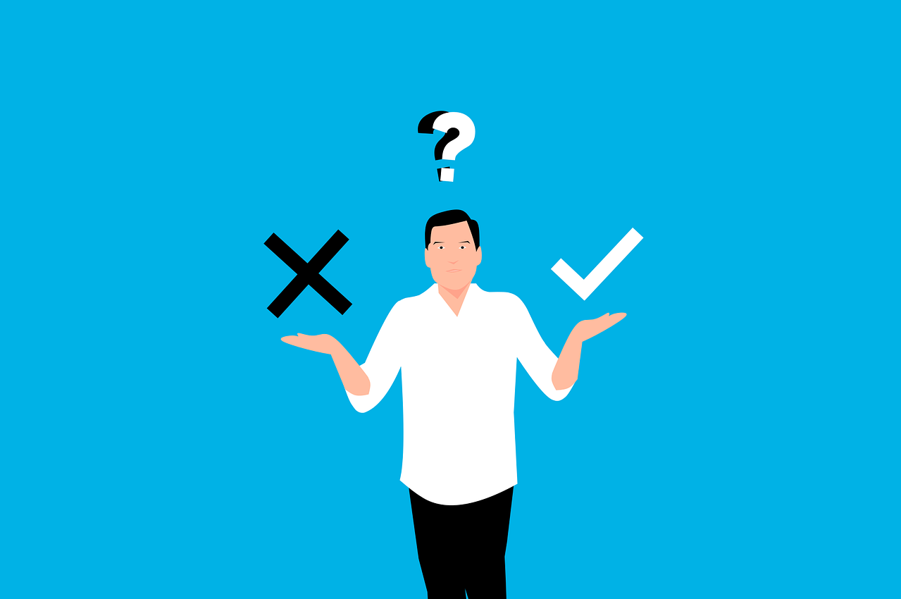 un homme avec les deux paumes vers le ciel. Au dessus de sa main droite il y a un X, puis au dessus de la gauche un crochet. Au dessus de sa tête un point d'interrogation.