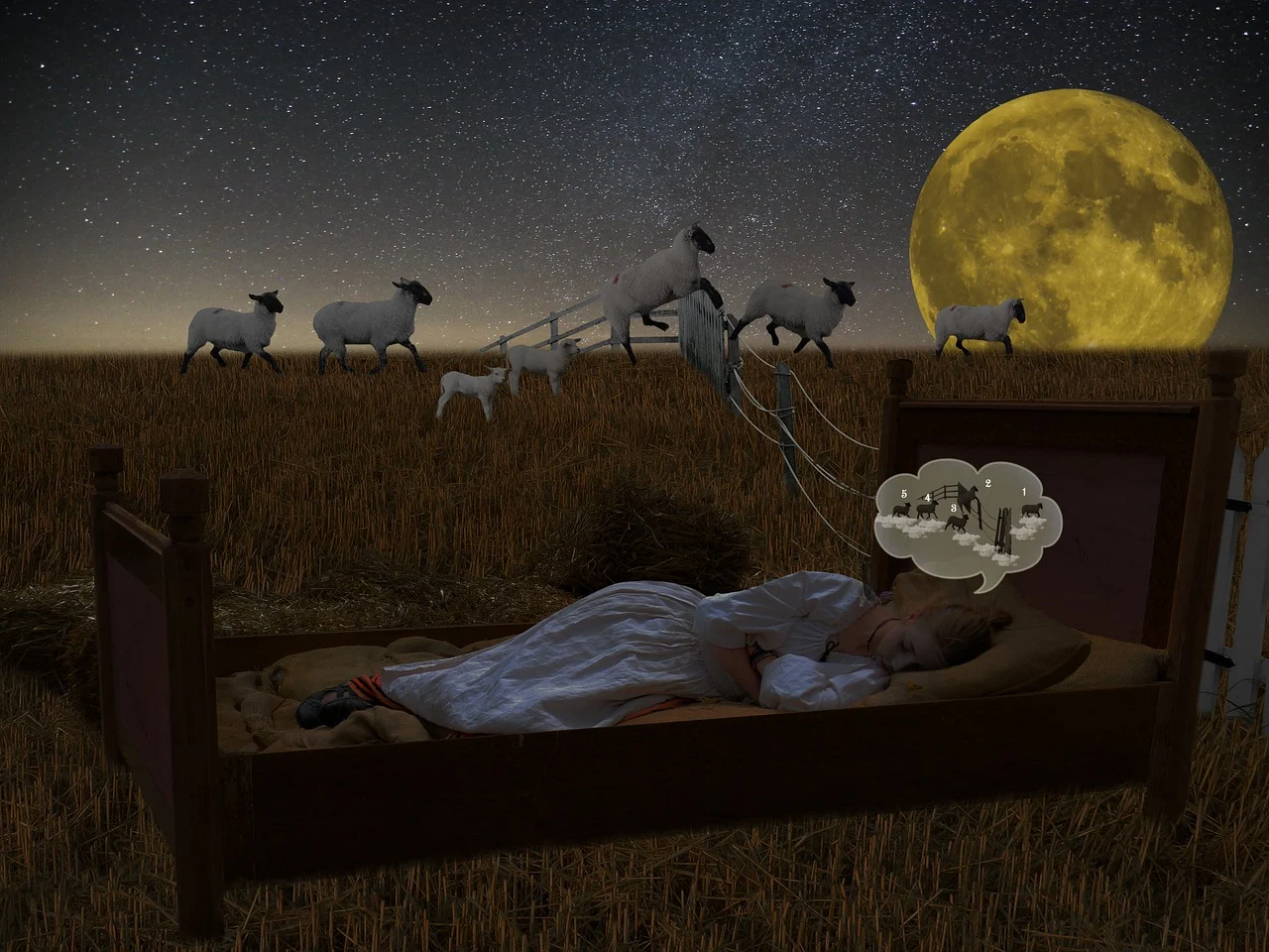 une femme allonger dans son lit qui comptes les moutons